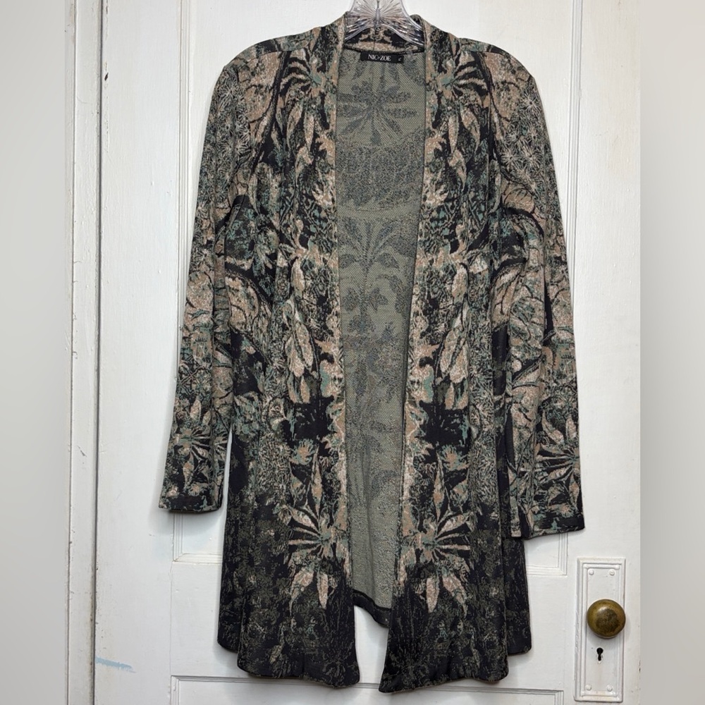 Nic+Zoe Open Front Cardigan Abstract Beige Black Cotton Blend Sz Petite Large
